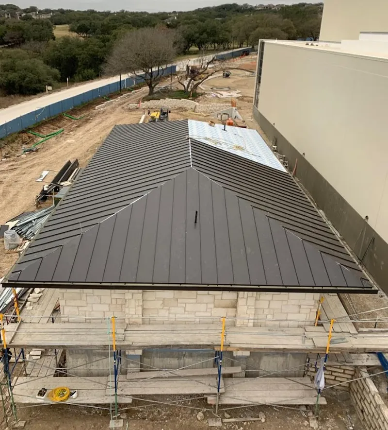 Metal roof new construction with scaffolding in Pendleton